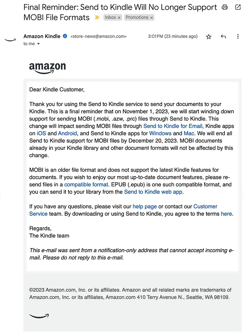 通知！Send to Kindle将不再支持MOBI格式！