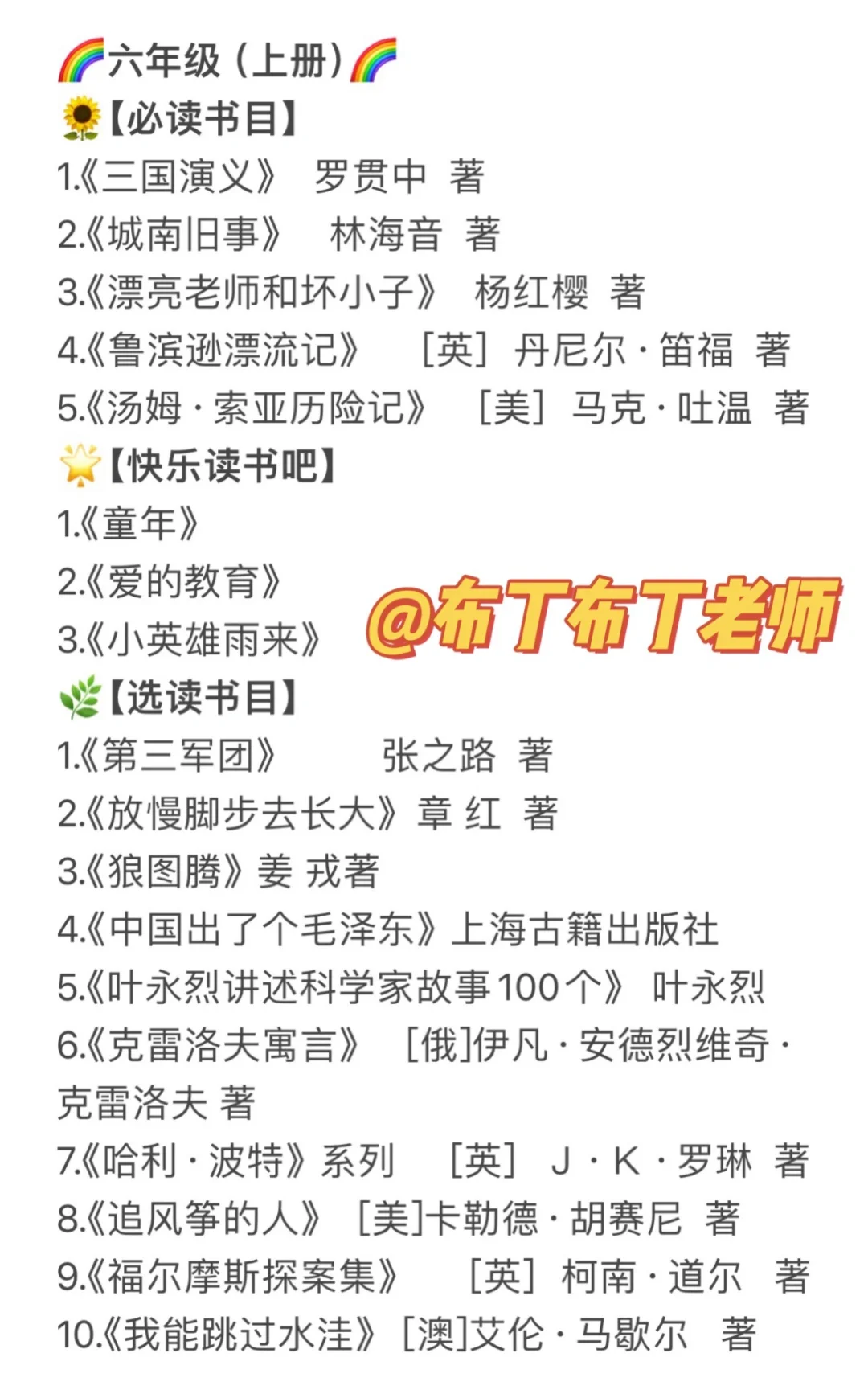 部编版1-6年级语文推荐阅读书目｜必读➕选读