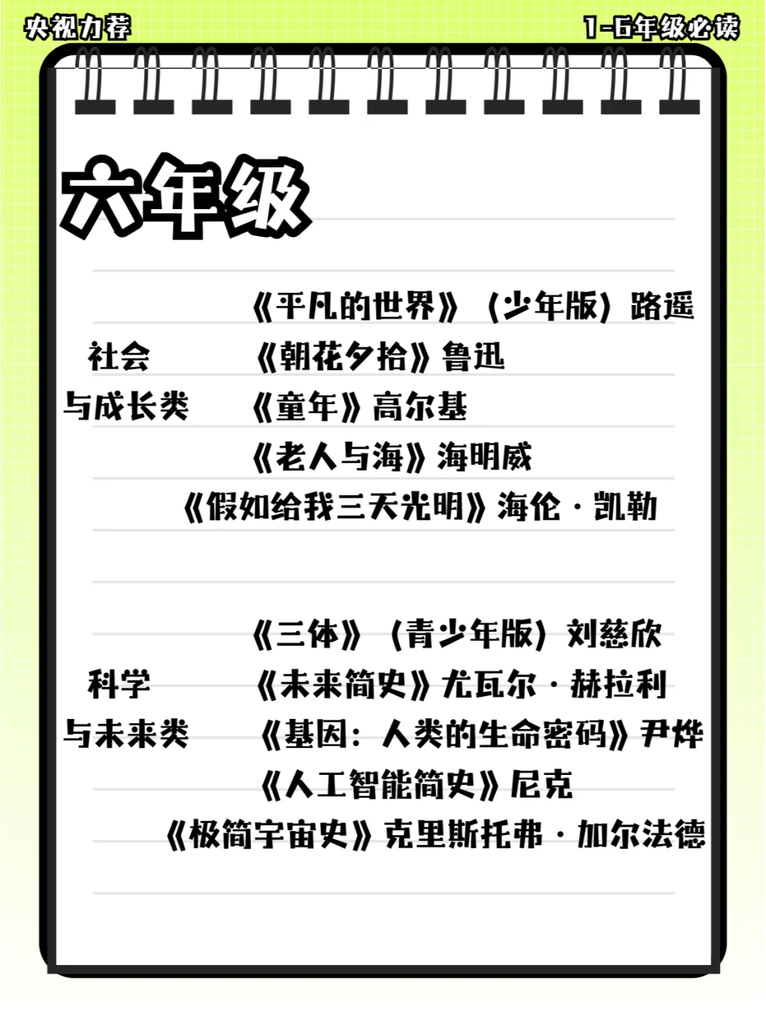 央视力荐1-6年级必读书单！