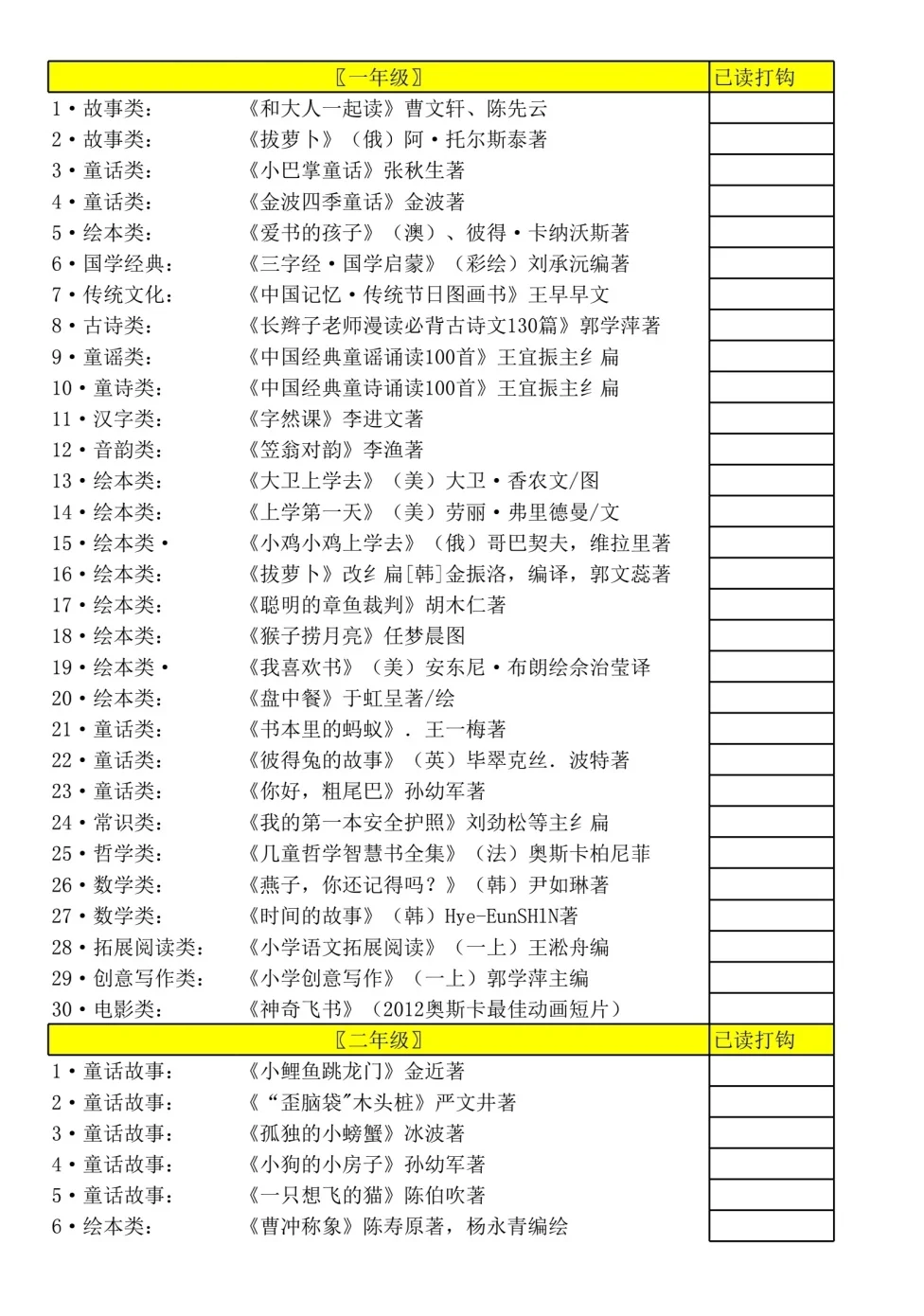 1-6 年级清华附小推荐必读书目打卡表