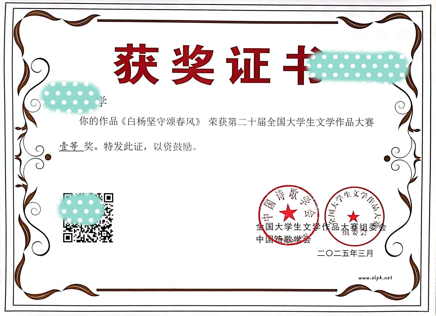 全国大学生文学作品大赛一等奖🏆