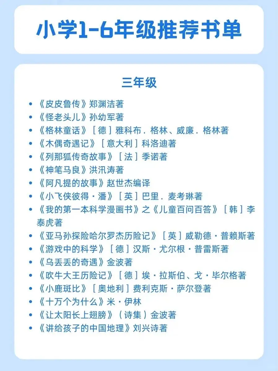 涵盖了古今中外内容丰富全面的小学生书单