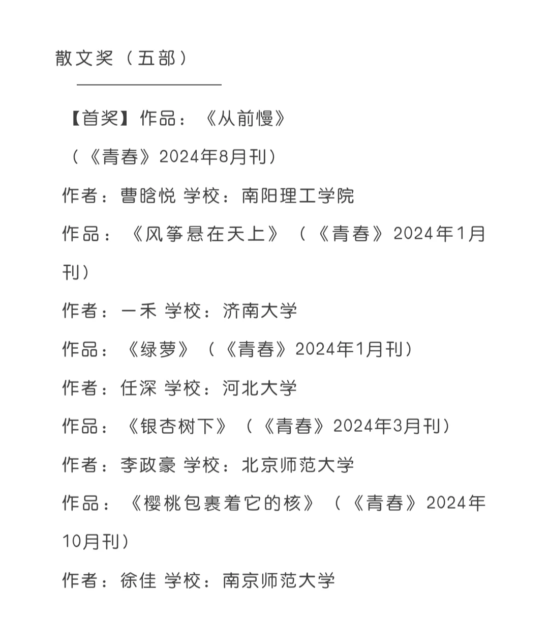 第十届“青春文学奖”获奖名单