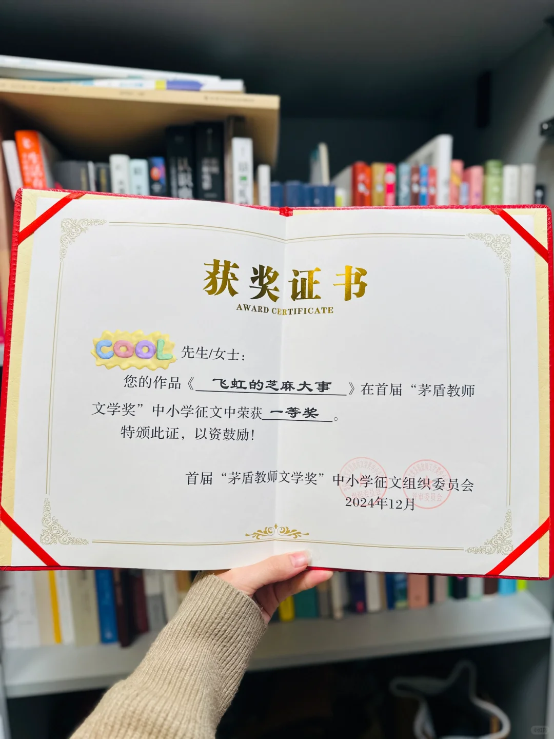 茅盾教师文学奖一等奖，感谢肯定