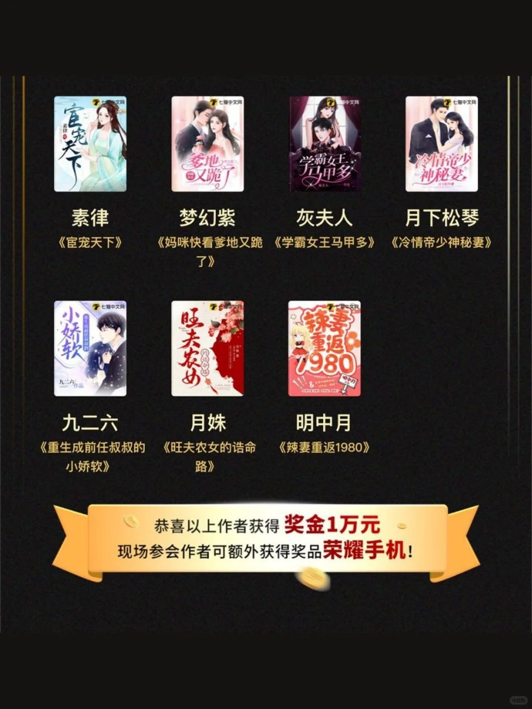 获奖名单公布！欢迎来七猫，恭喜所有获奖作者