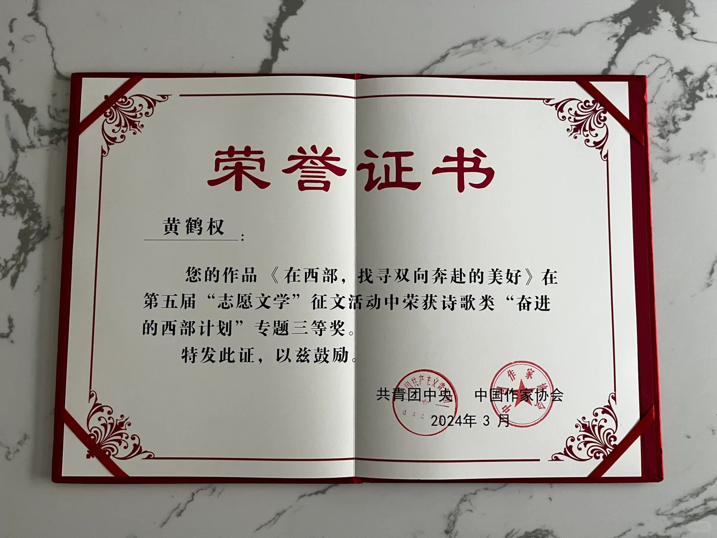 收到两个国家级证书！感谢团中央和中作协