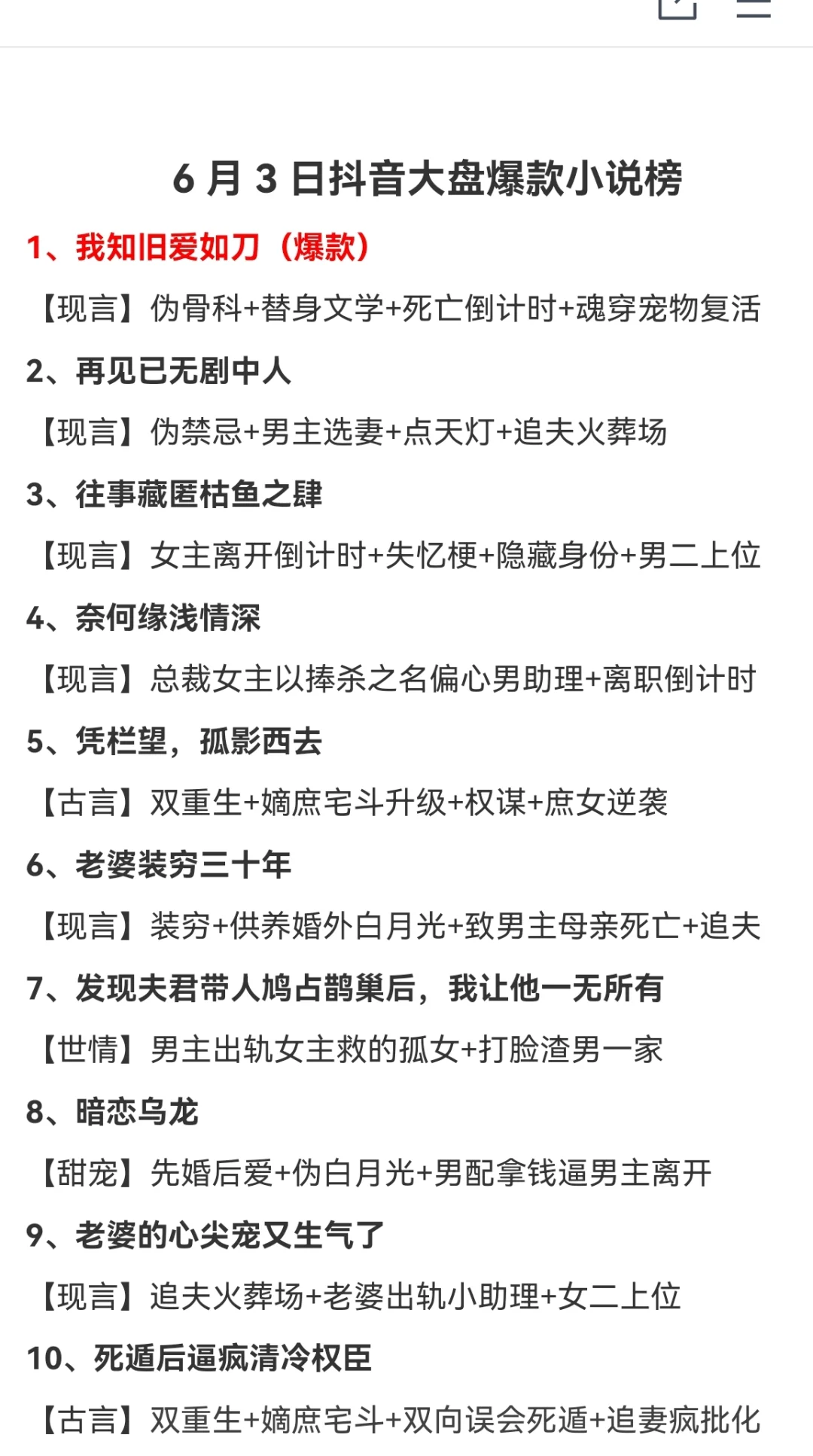 6月3日抖音大盘爆款小说榜来啦