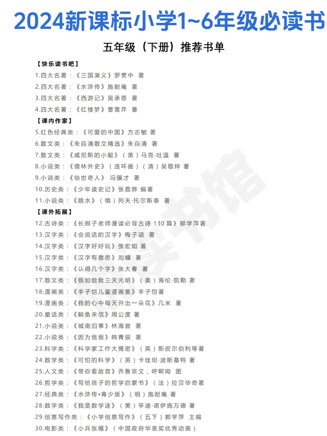 收藏：2024新课标阅读小学1~6年级必读书单