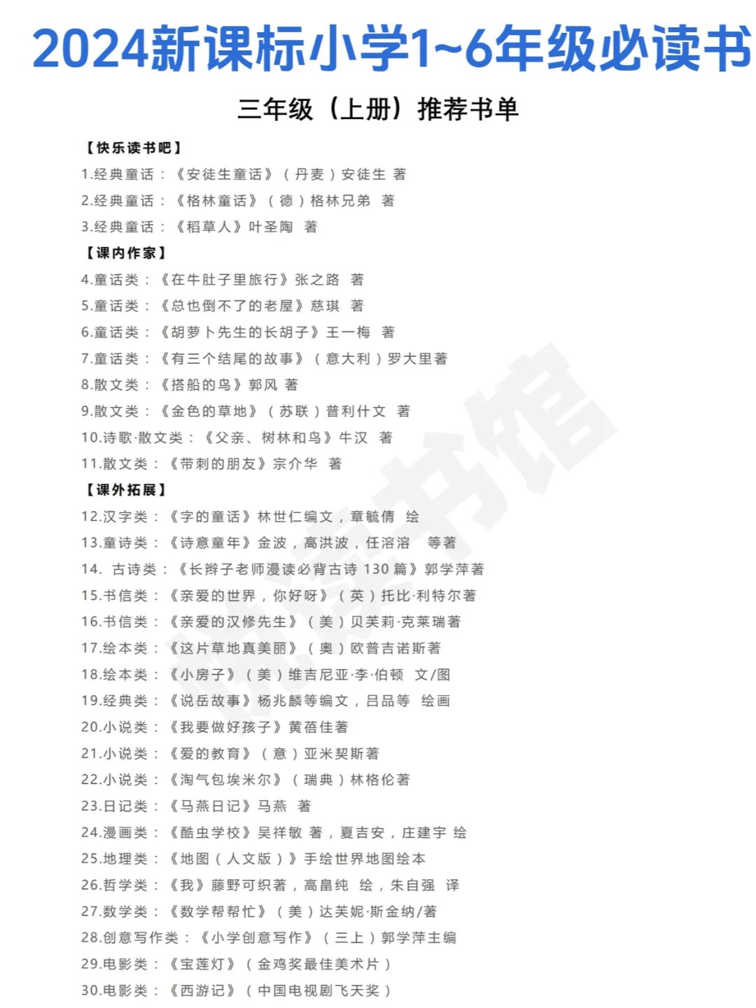 收藏：2024新课标阅读小学1~6年级必读书单