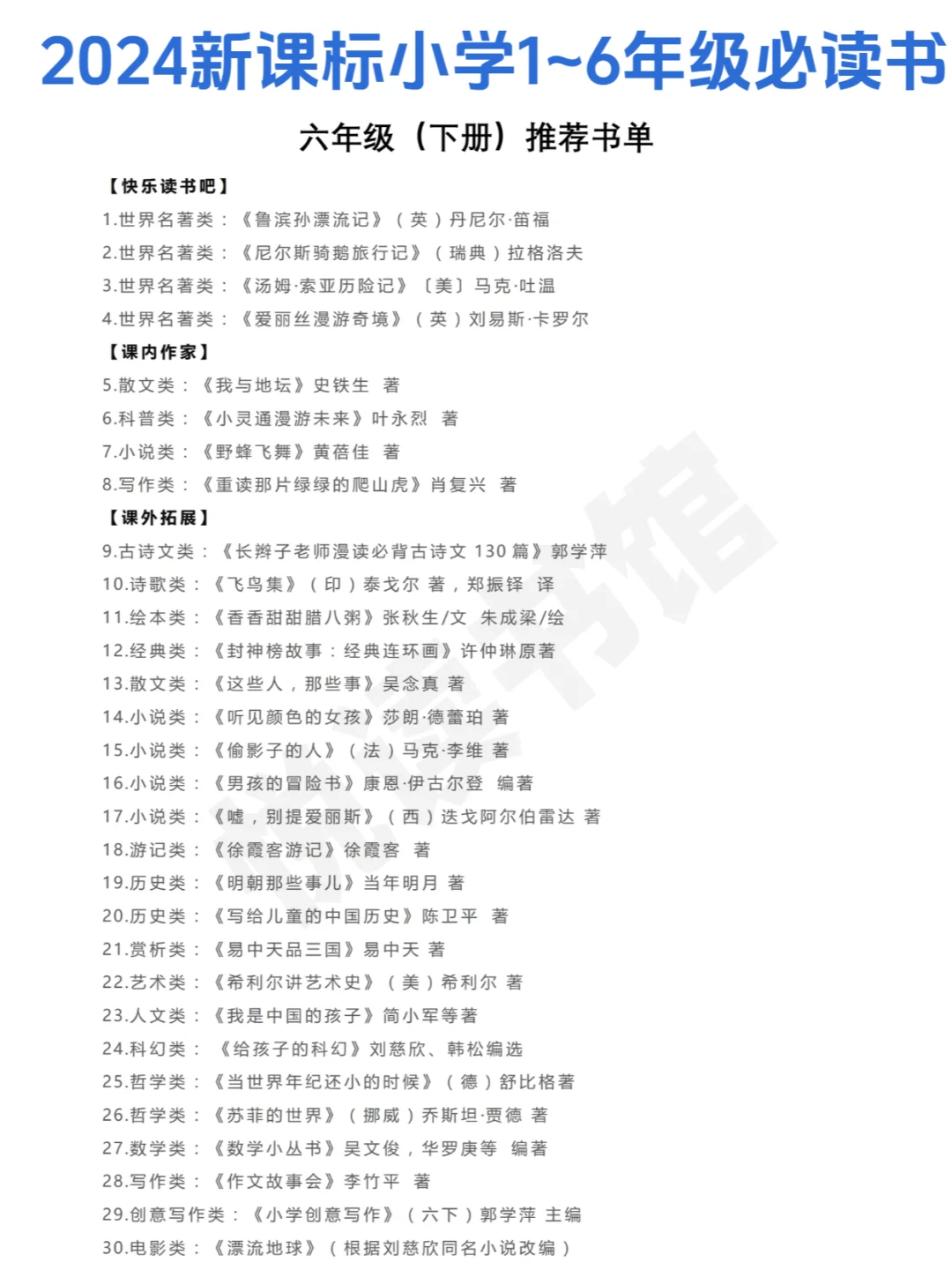 收藏：2024新课标阅读小学1~6年级必读书单