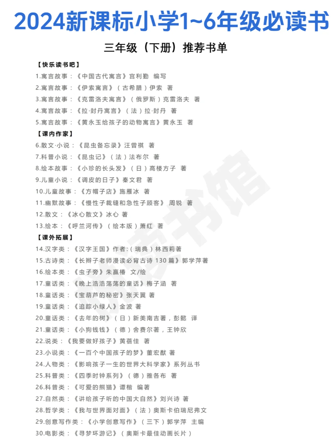收藏：2024新课标阅读小学1~6年级必读书单