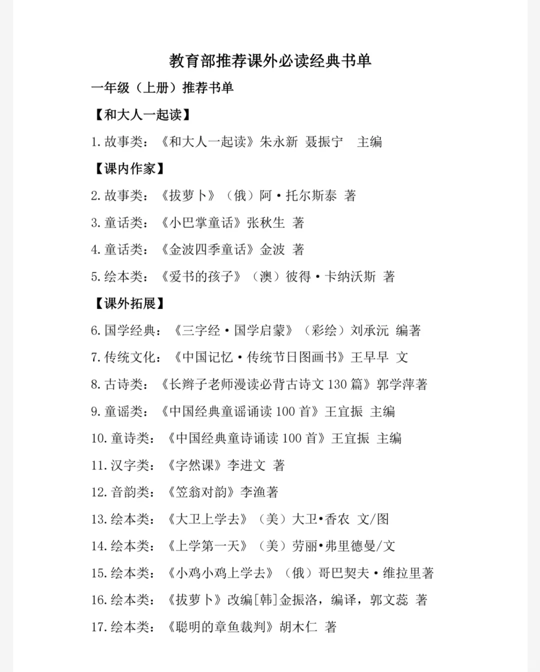 1-6年级，教育部推荐课外必读经典书单