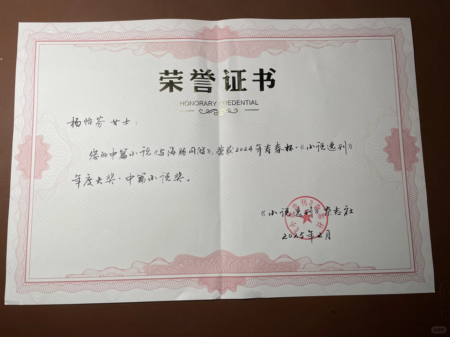 很荣幸，得了《小说选刊》的年度奖