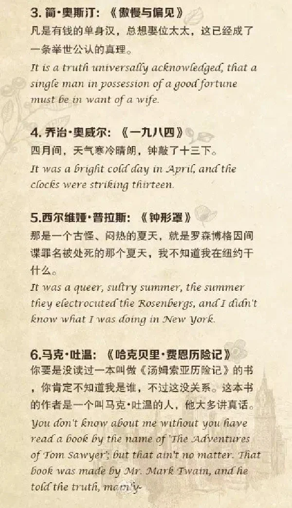 30部文学名著经典开篇的中英文对照