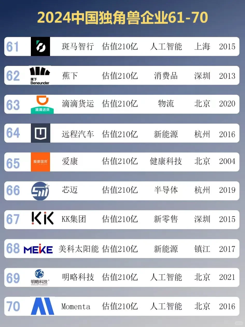 找工作必看！2024中国独角兽TOP100企业汇总