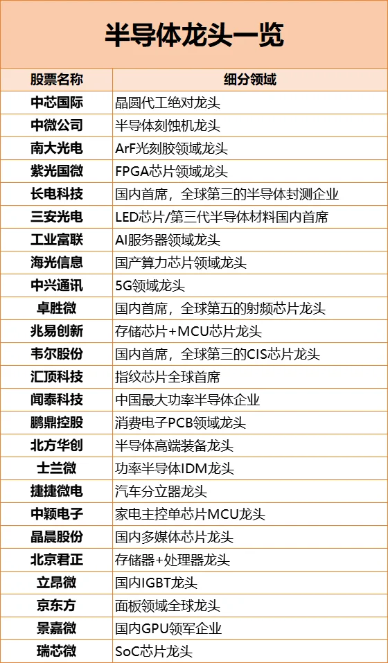 半导体顶尖龙头：国内半导体优秀企业‼️