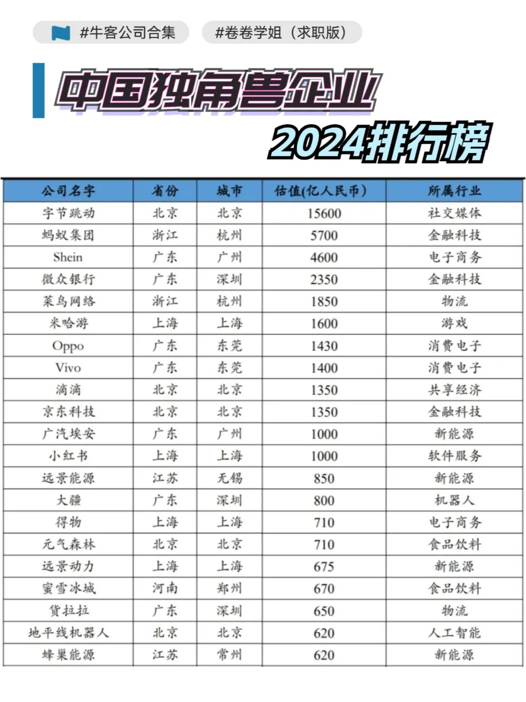 2024中国独角兽企业排行榜