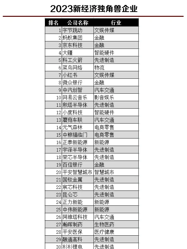 2023年新經(jīng)濟(jì)獨(dú)角獸企業(yè)