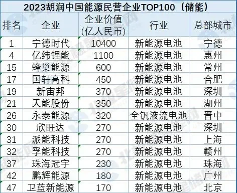 胡润中国能源民企TOP100，48家上榜储能企业