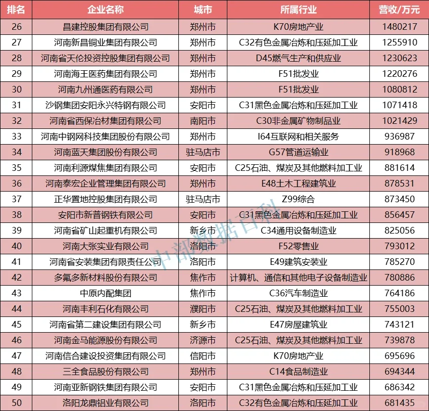 2022年河南省民營企業(yè)營收100強(qiáng)公布