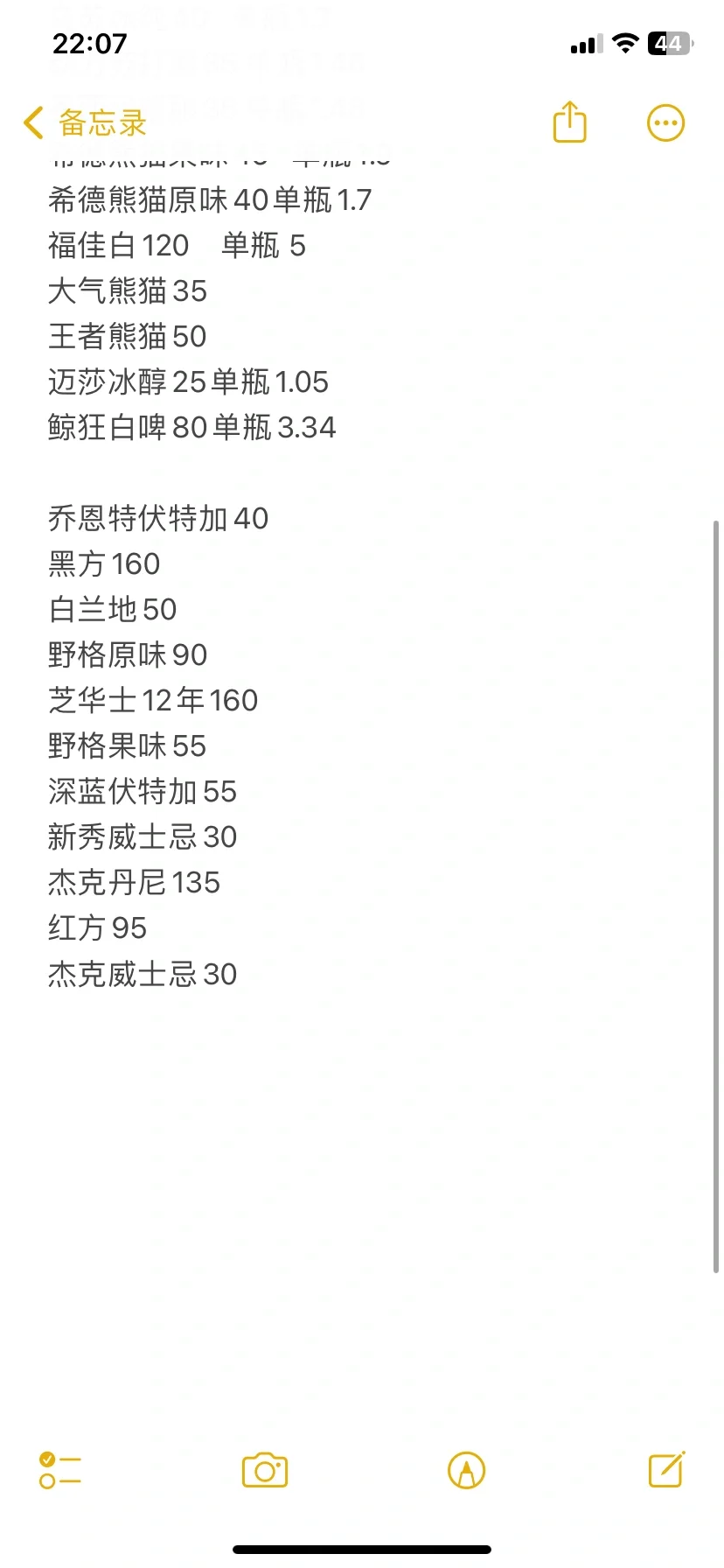 酒吧酒水进价表