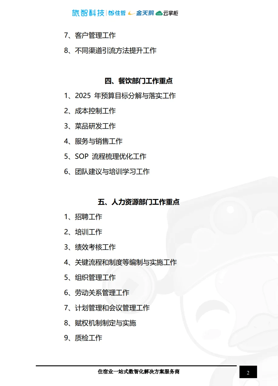 2025年酒店各部门工作重点工程