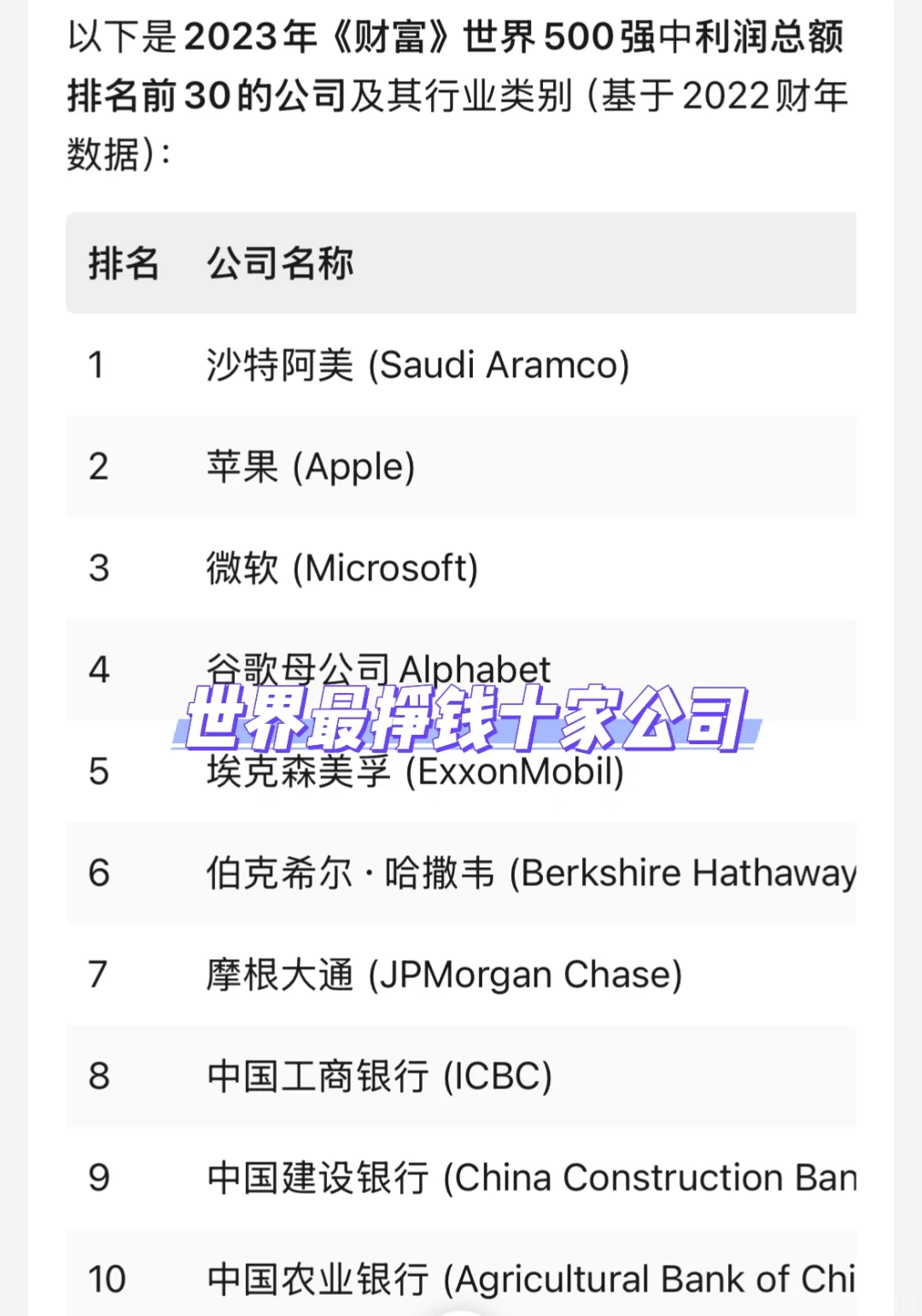 世界最挣钱的十家公司