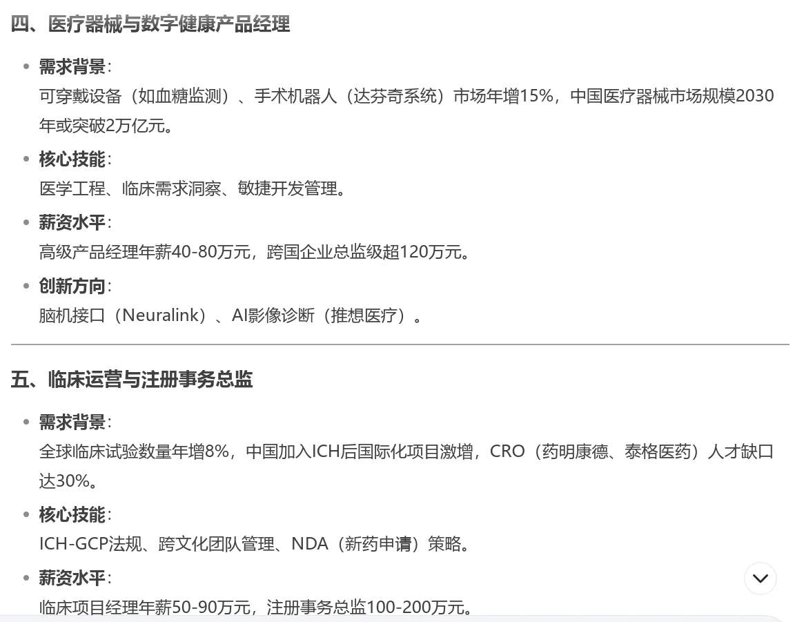 Deepseek 分析 未来十年医药行业蕞赚钱的岗