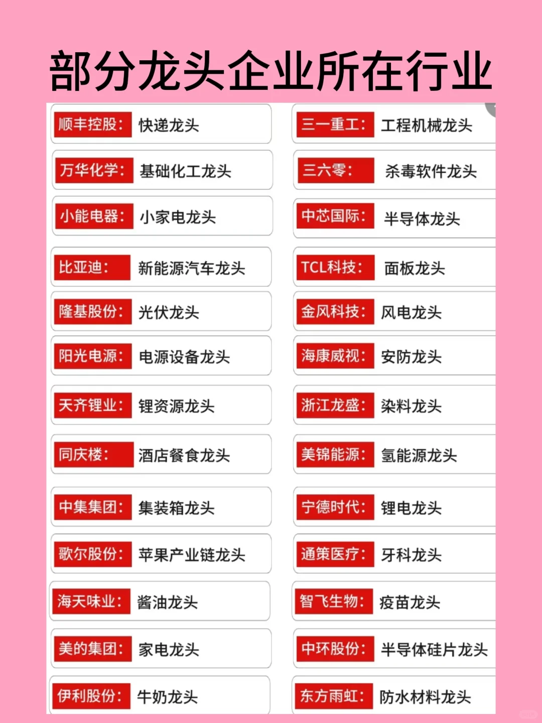 部分龙头企业所在行业