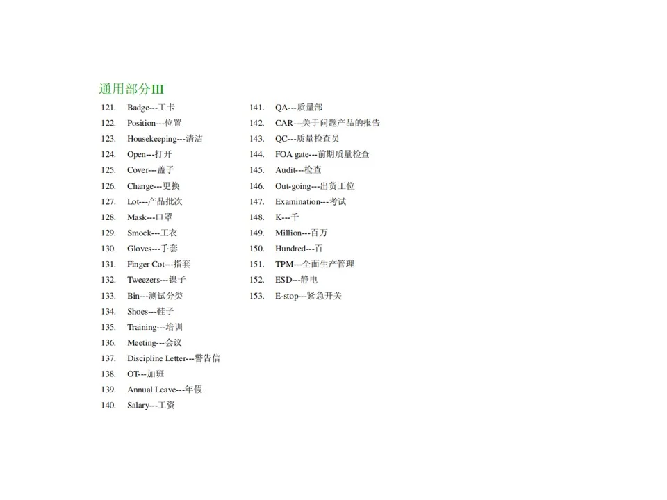 Fab厂里日常工作中交流的常见英语（一）