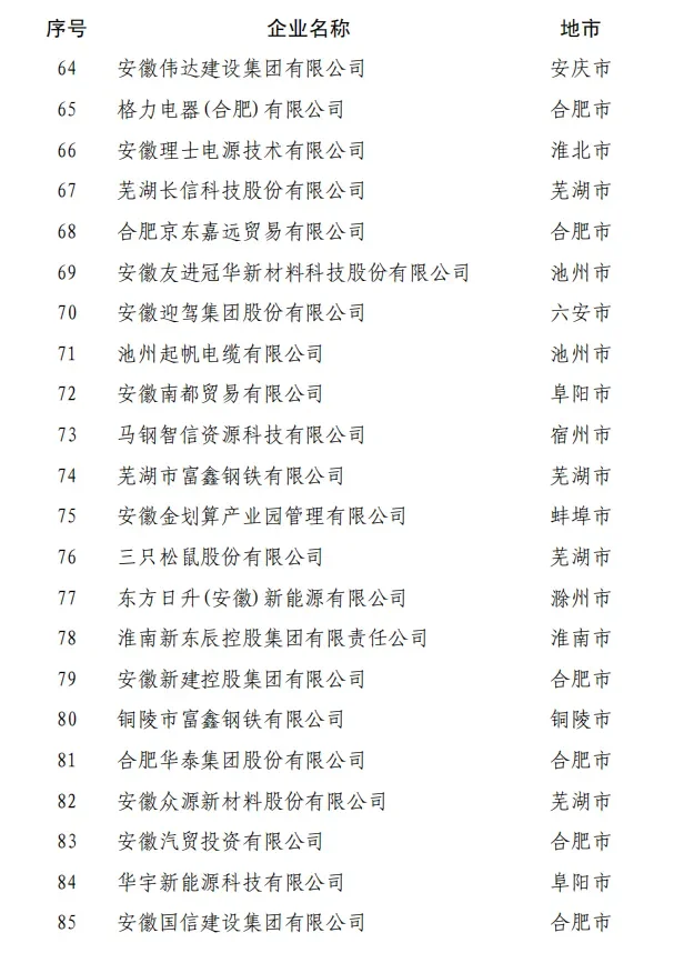 2024安徽省民营企业百强榜单