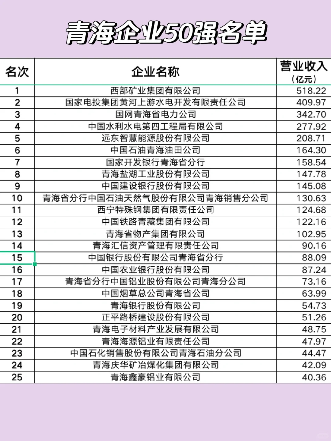 2022青海企业 50强榜单