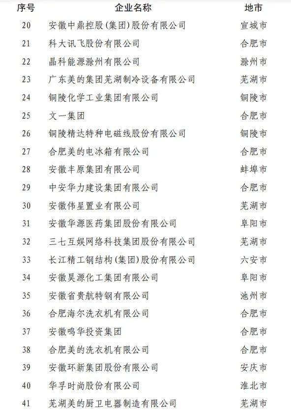 2024安徽省民营企业百强榜单