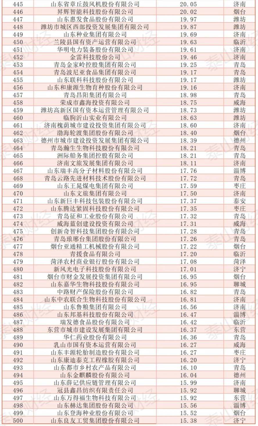 2024年山东省企业500强营业收入榜单