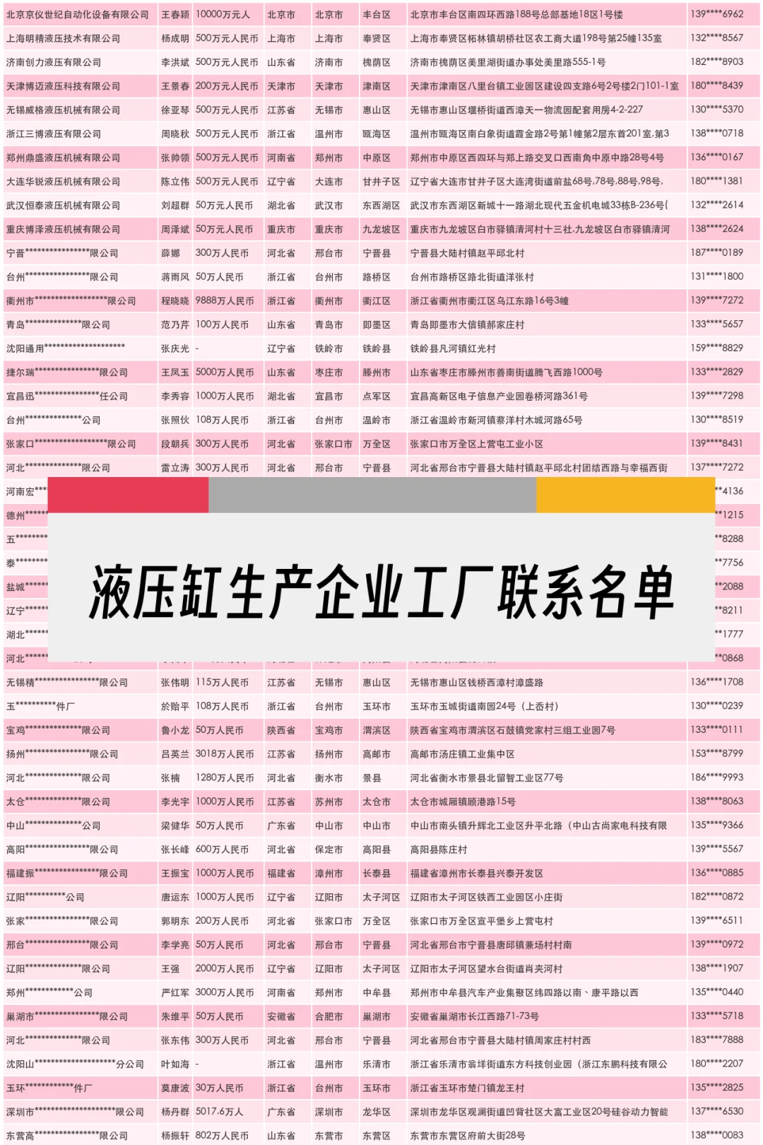 液压缸生产企业工厂联系名单