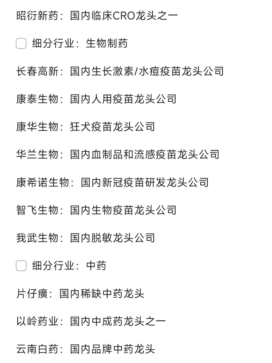 生物医药 细分行业龙头汇总?