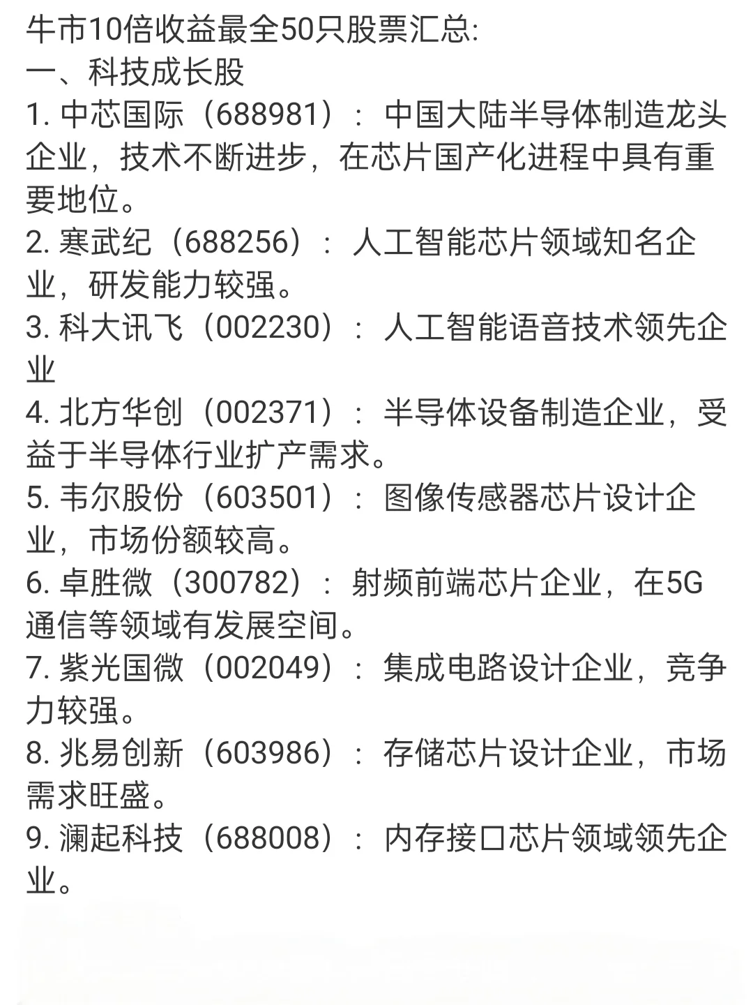 牛市优质股票成长蓝筹医药科技消费股汇总