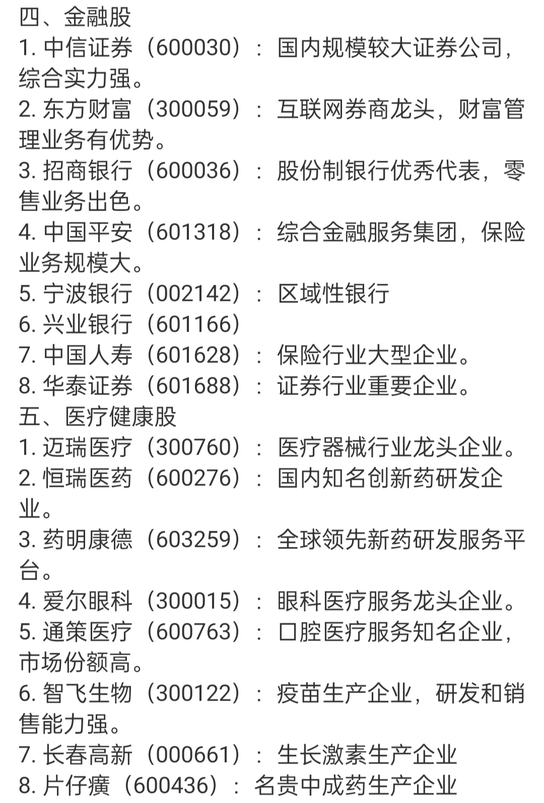 牛市优质股票成长蓝筹医药科技消费股汇总