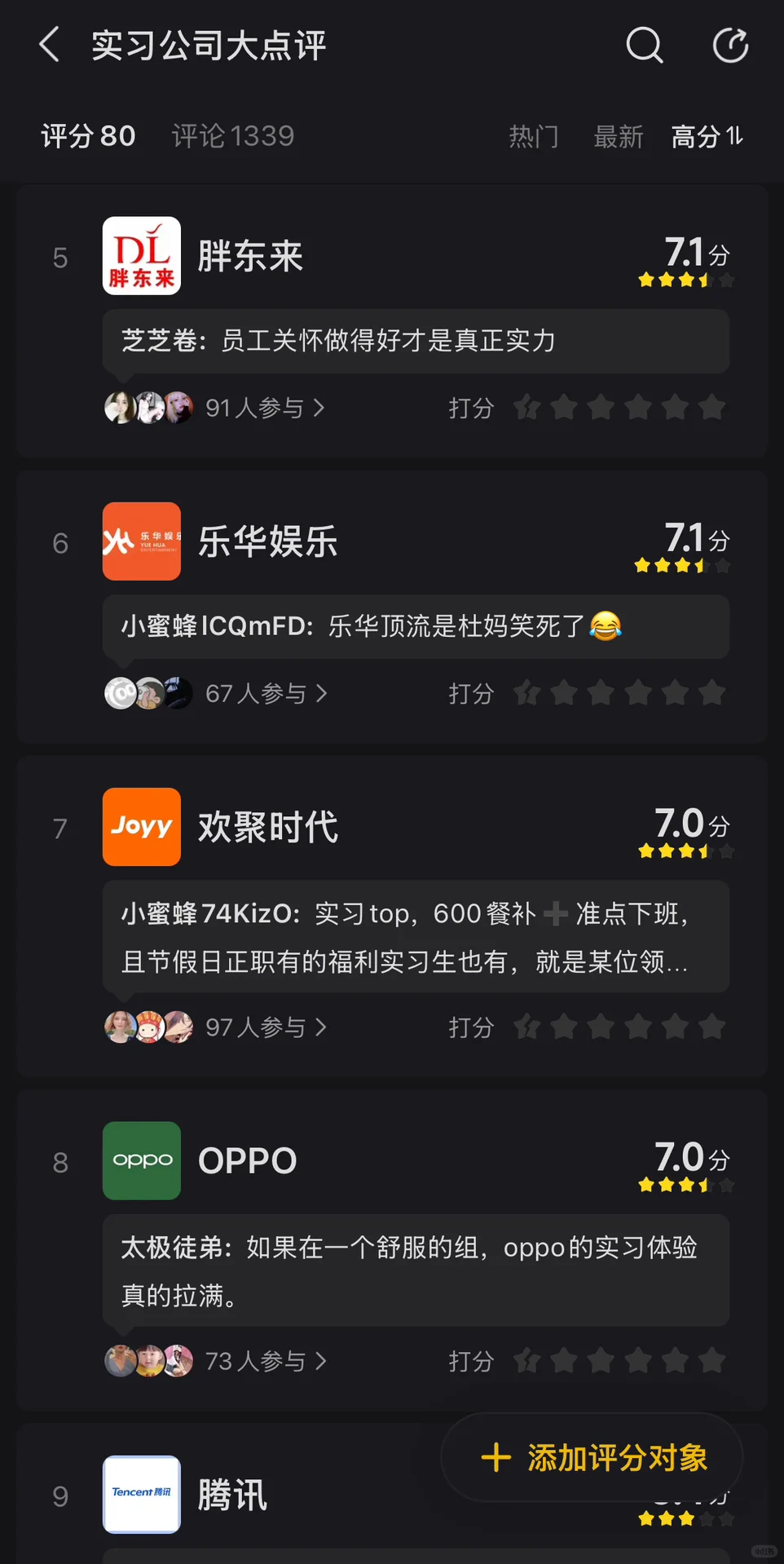 实习公司排行榜！ 快来看看吧