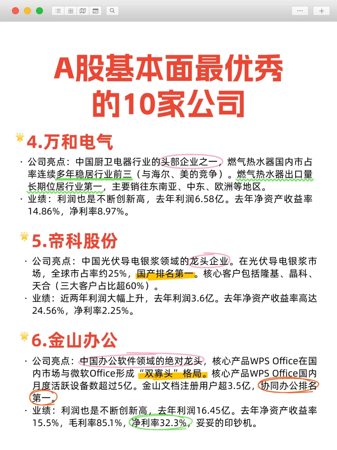 A股基本面最优秀的10家公司
