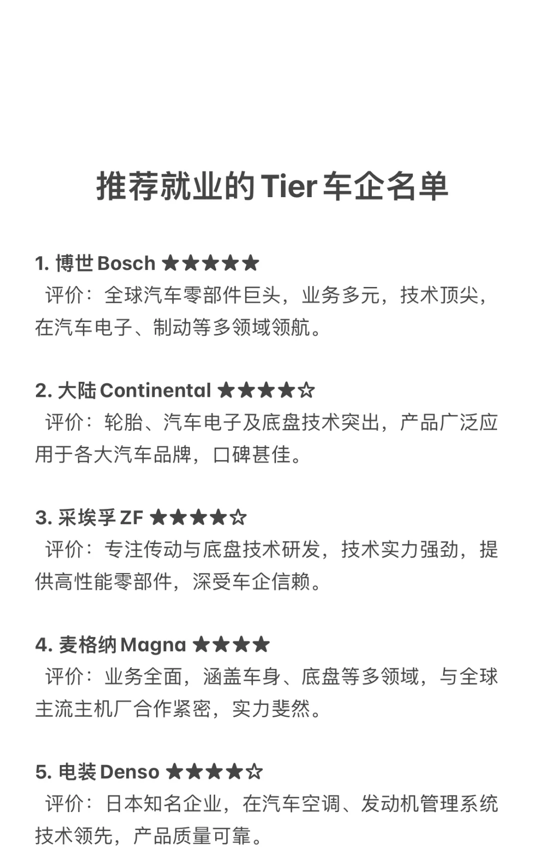 汽车行业Tier1类推荐就业企业汇总，求职干货