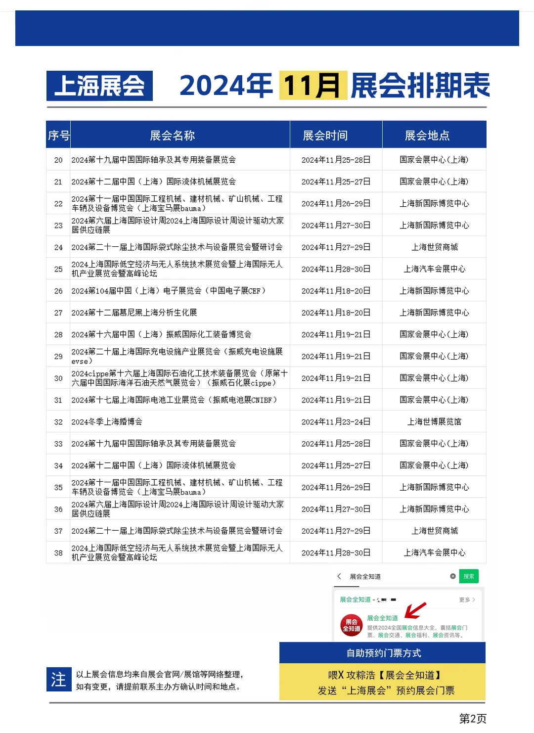 上海展会11月排期表（时间+地点+门票 ）