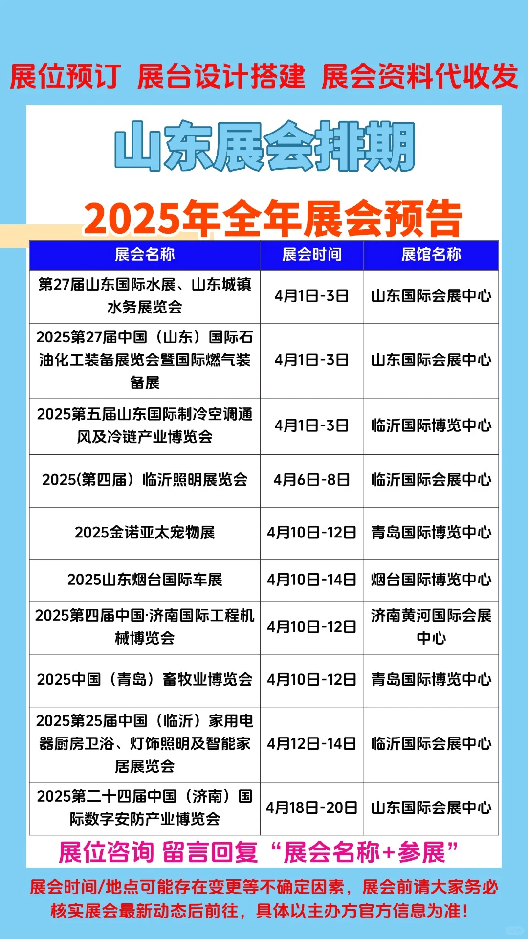 2025年山东1-12月份展会排期参展时间一览表