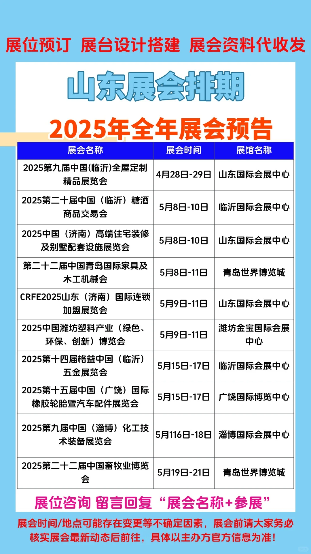 2025年山东1-12月份展会排期参展时间一览表