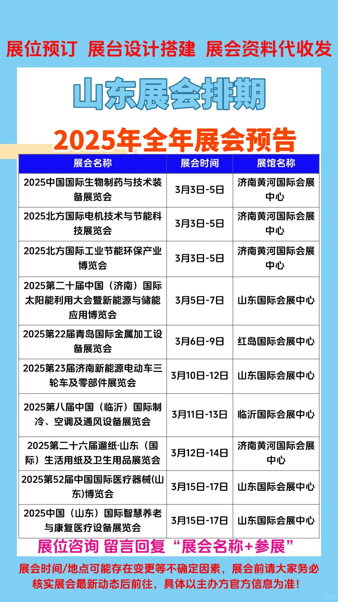 2025年山东1-12月份展会排期参展时间一览表