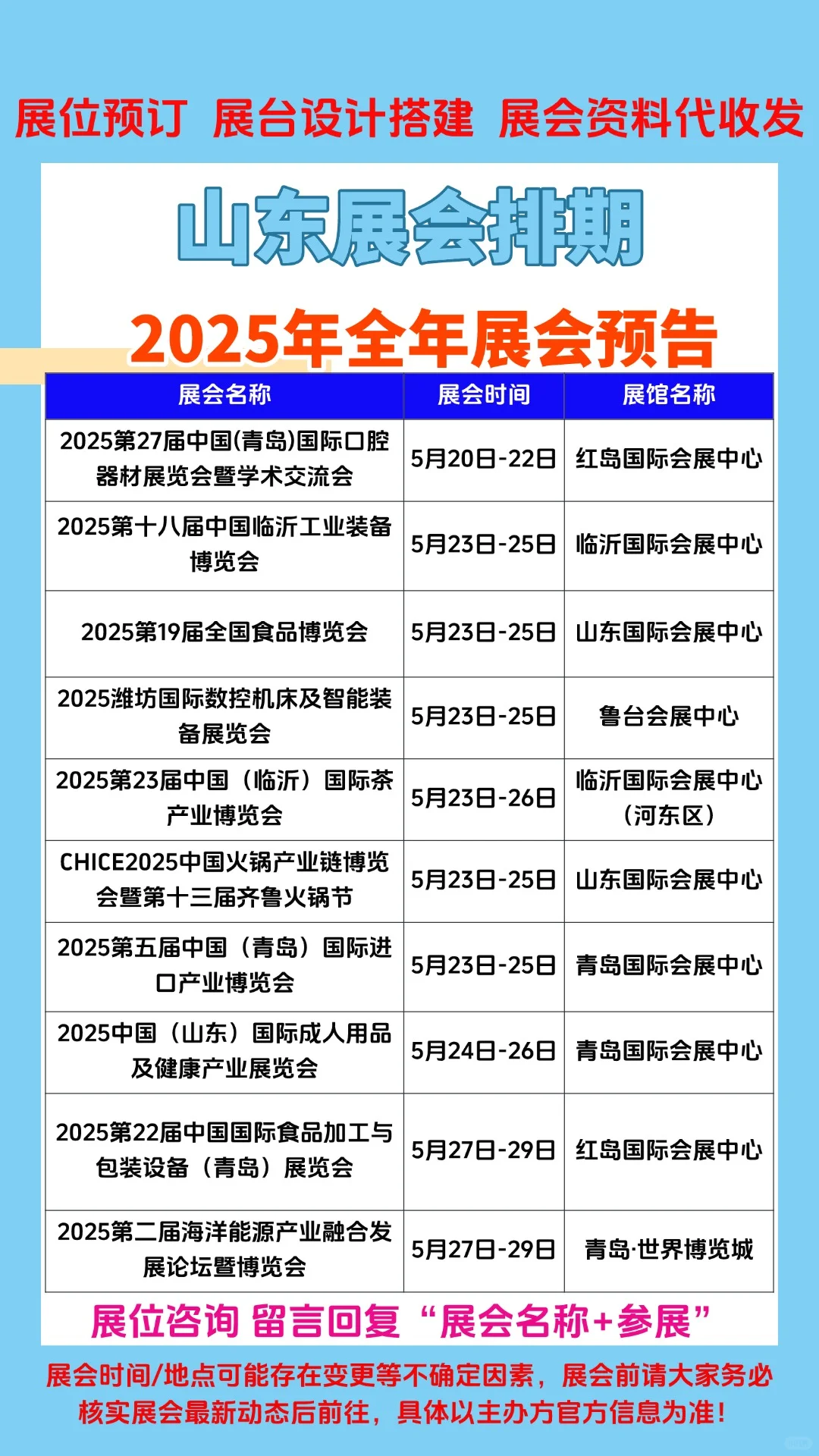 2025年山东1-12月份展会排期参展时间一览表