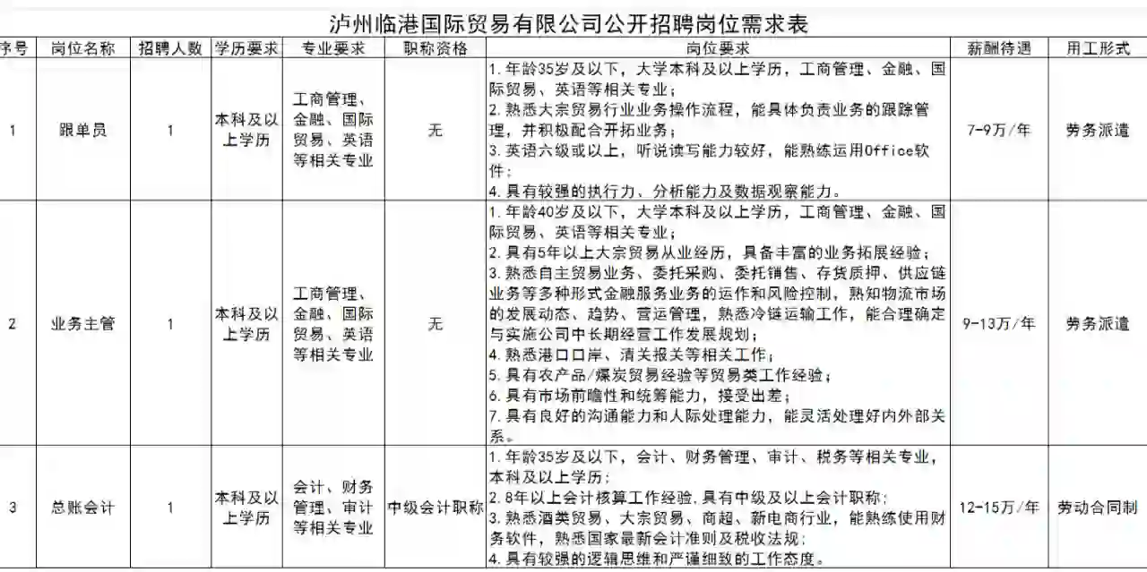 泸州临港国际贸易有限公司公开招聘公告