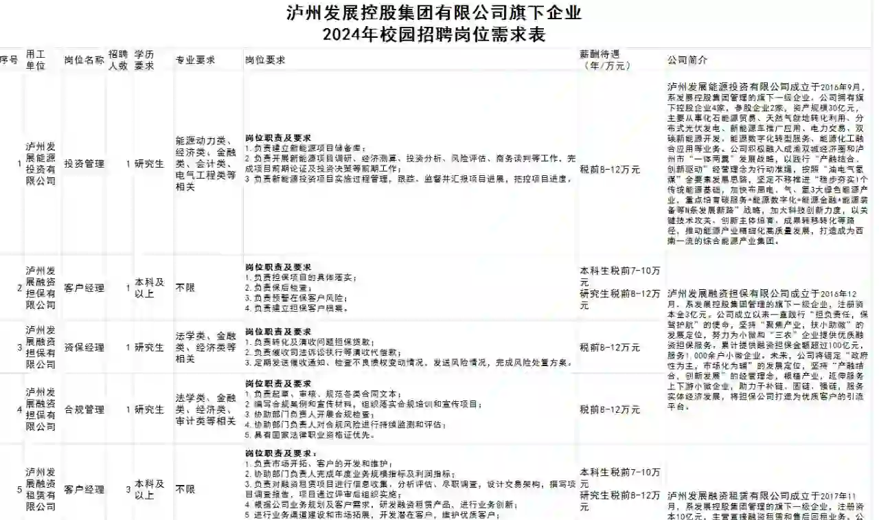 泸州发展控股有限公司旗下企业校园招聘公告