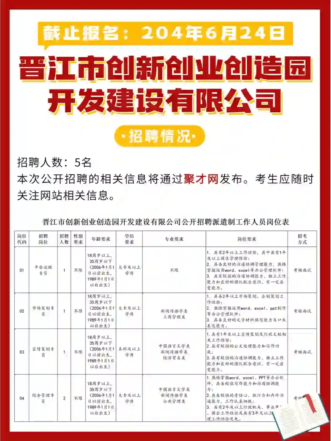 晋江国有企业！仅面试！大专起报！