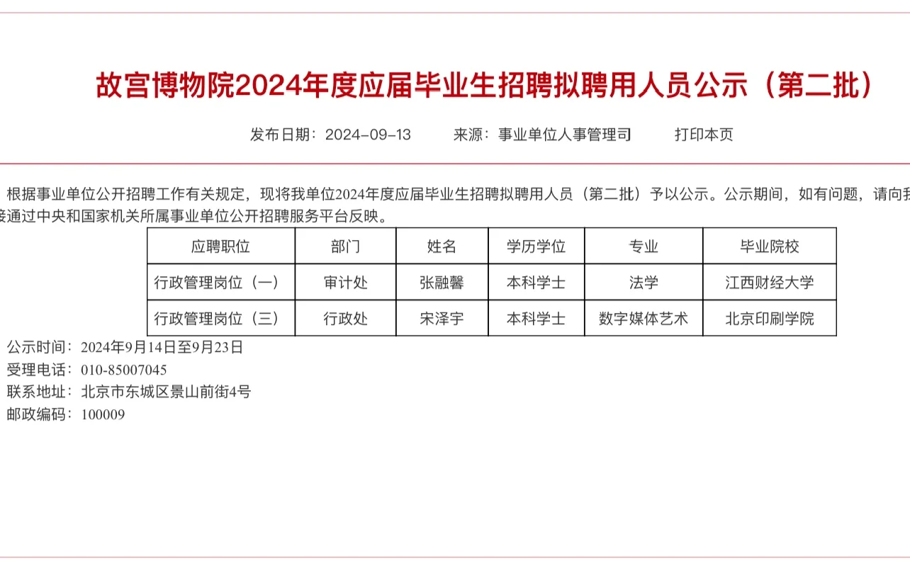 故宫博物院2024应届毕业生拟聘用人员公示